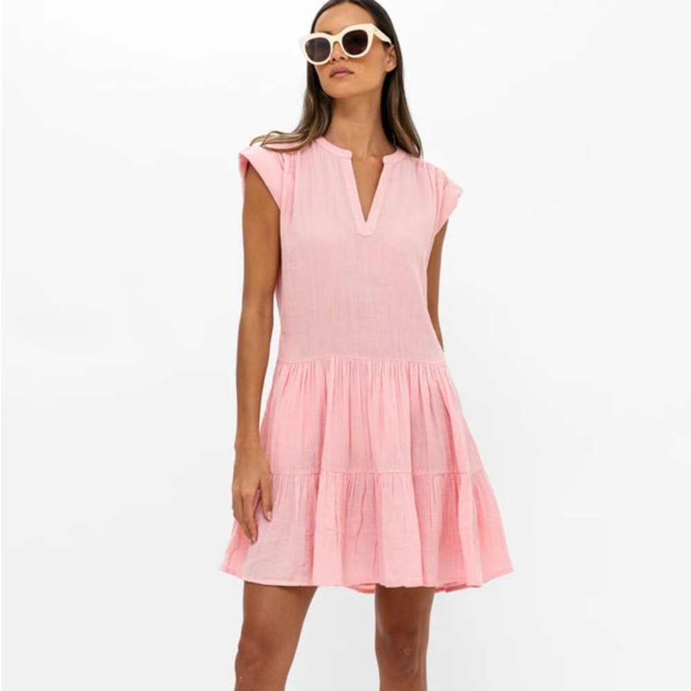 Oliphant ROLL SLEEVE- BAHAMA PINK Ruffle Dress Sz S